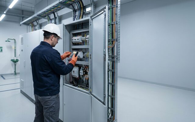 Techniker prüft einen Schaltschrank