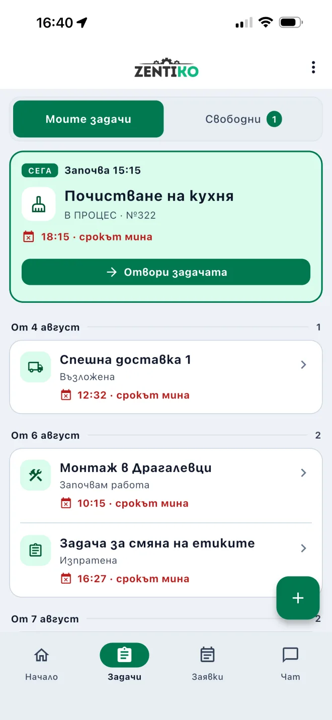 ZentiKO mobile app: personal task queue and the on-shift check-in screen