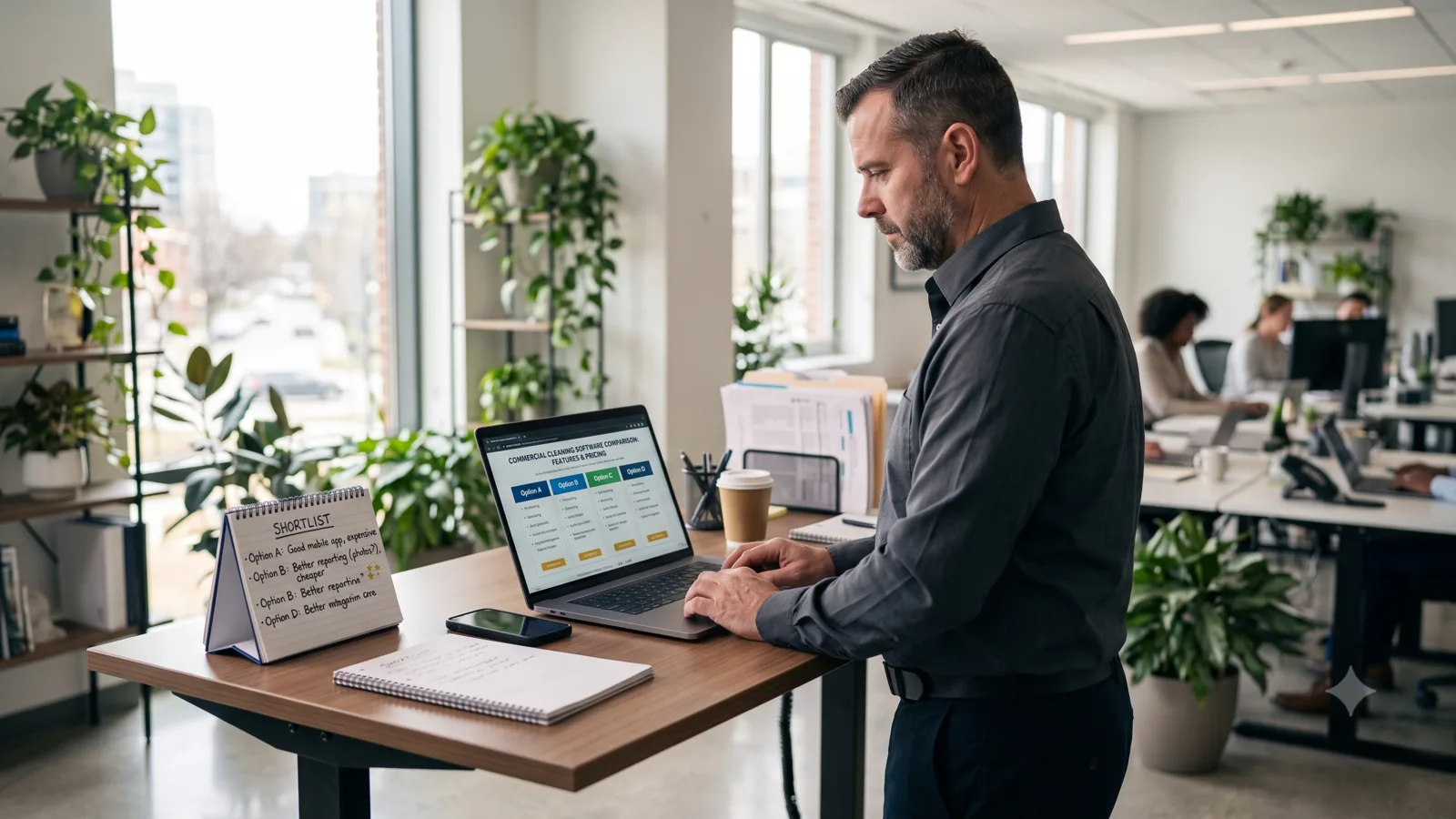 Operations manager comparing commercial cleaning management software on a laptop