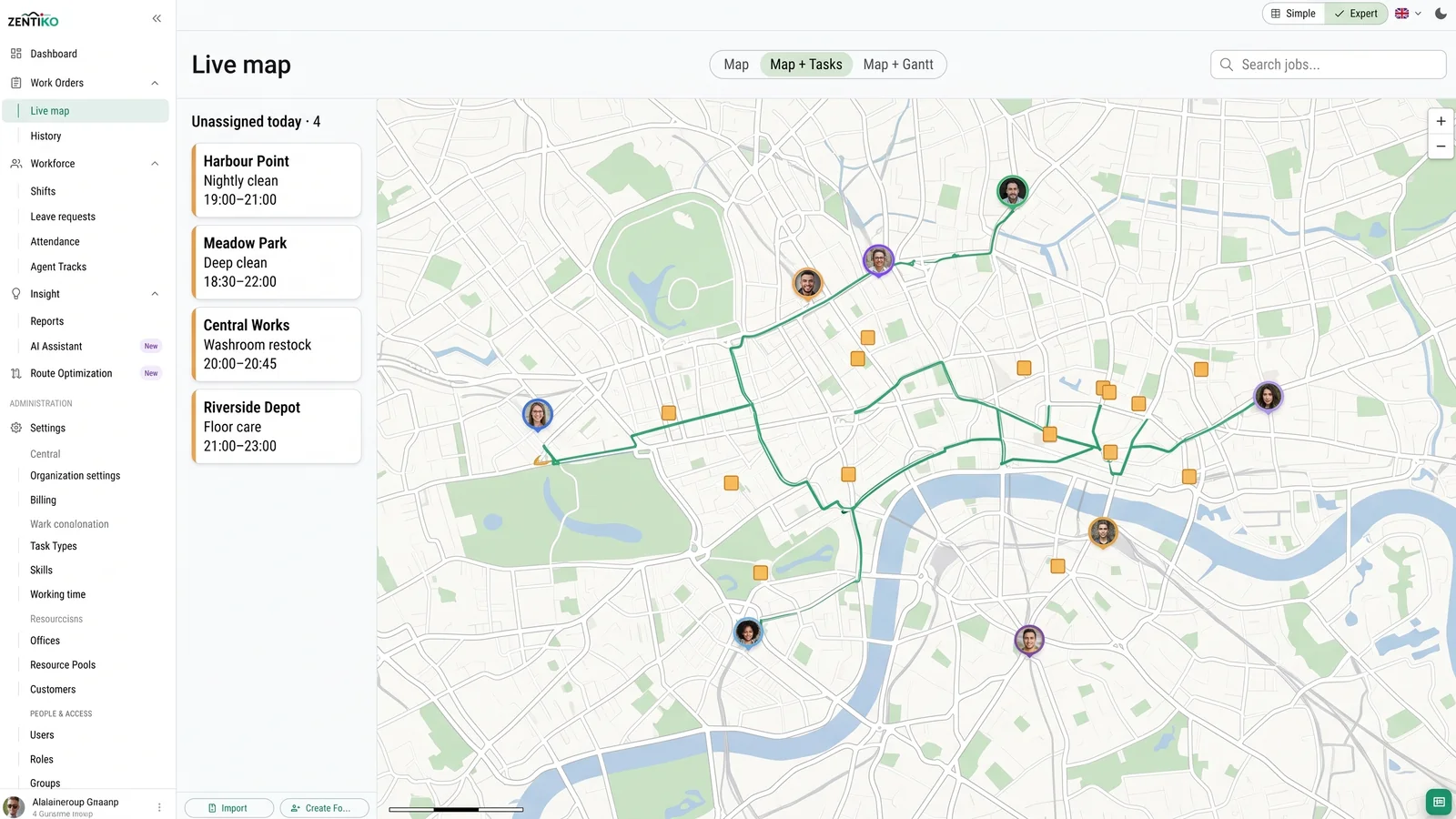 Live GPS dispatch map showing cleaning crews routed between office buildings