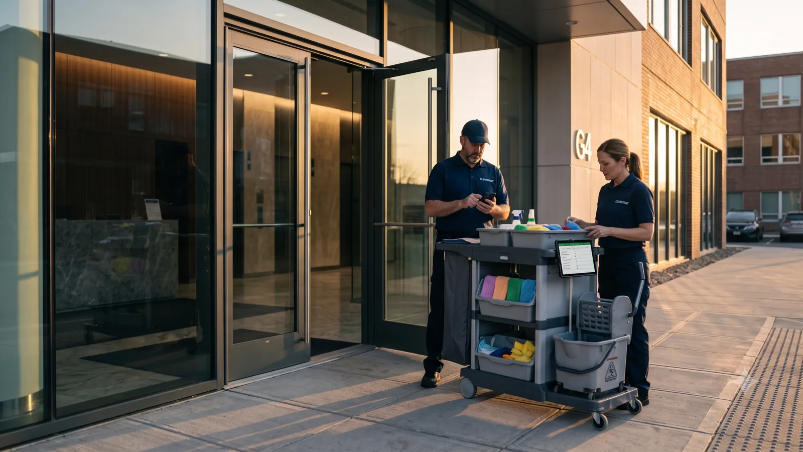 Office cleaning crew checking in on a mobile app at a multi-tenant building