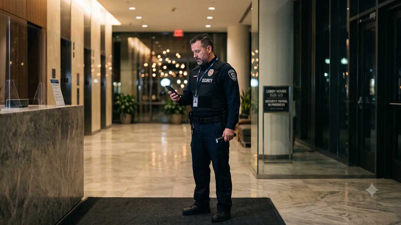 Security guard completing a patrol report on a mobile app