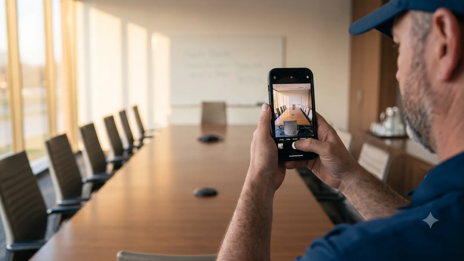 Cleaning crew member capturing before and after photos in a mobile app