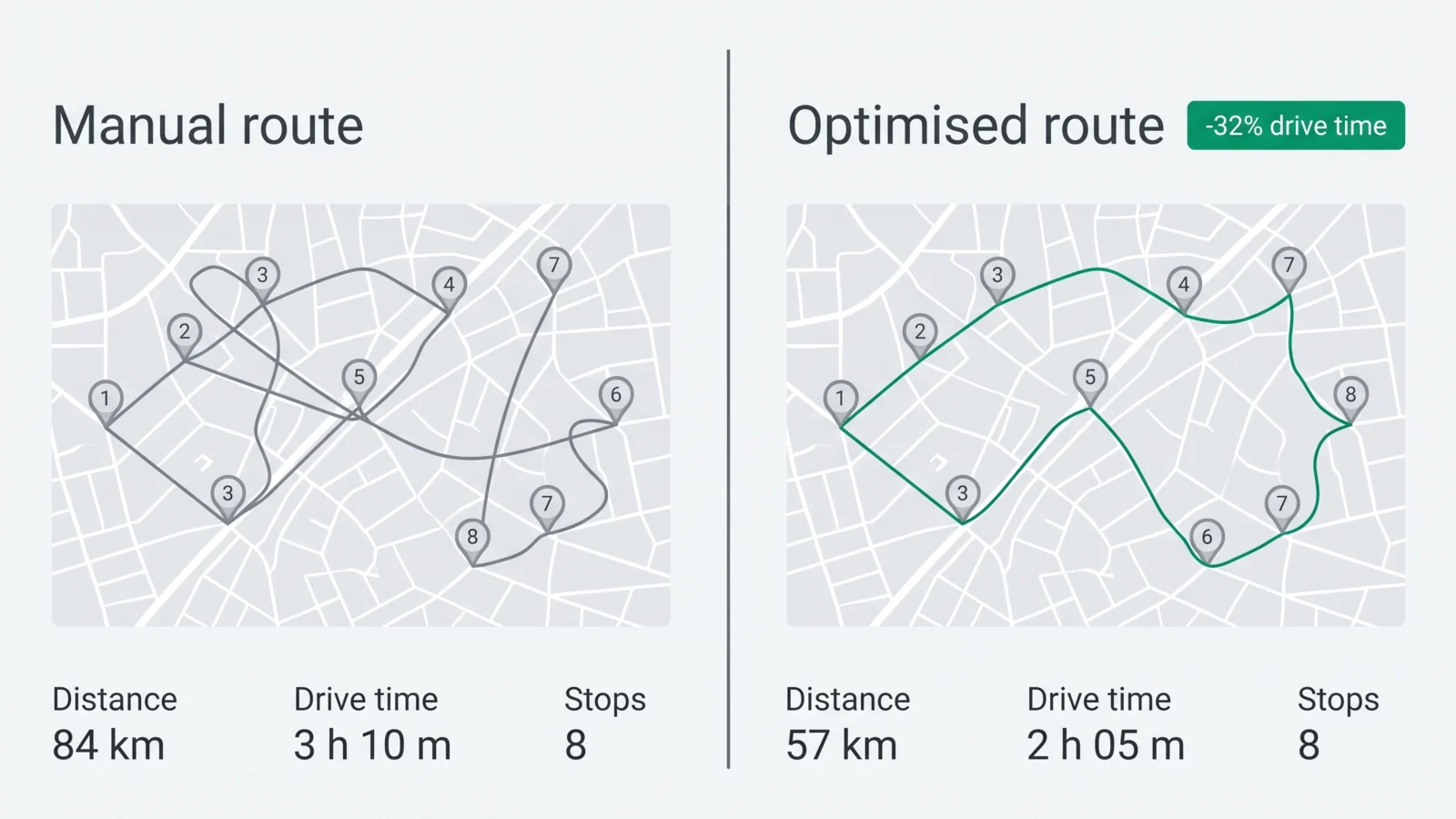 Dispatcher comparing a Google Maps route against optimized multi-stop delivery routes