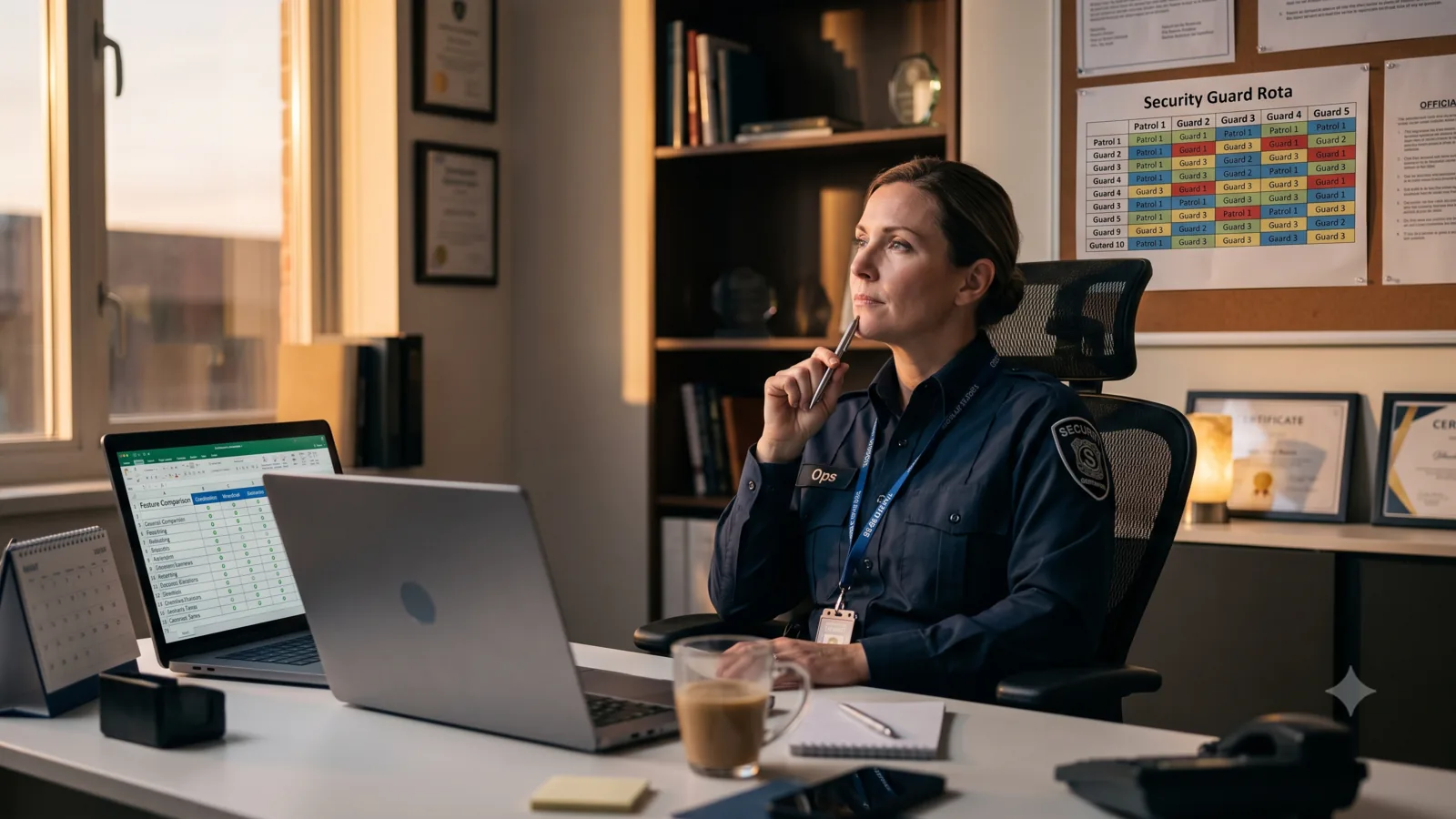 Security operations manager reviewing software for security companies on a laptop