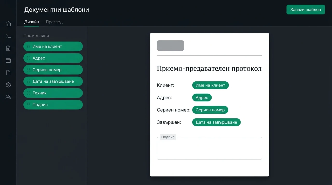 Редакторът на шаблони за документи в ZentiKO: списък със стойности вляво — име на клиент, адрес, сериен номер, дата на завършване, техник, подпис — пуснати върху страница с приемо-предавателен протокол вдясно
