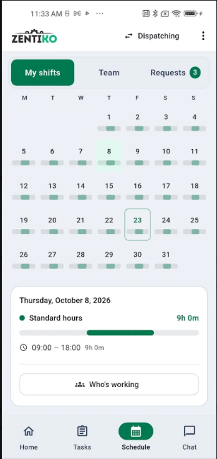 The ZentiKO mobile app showing one person’s published roster for the month, with the hours of the selected day and a "who is working" button